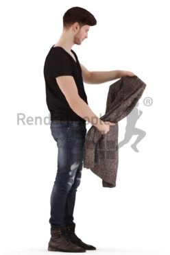 3d people casual, young man standing and holding a cardigan up