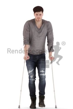 3d people casual, jung man walking with crutches