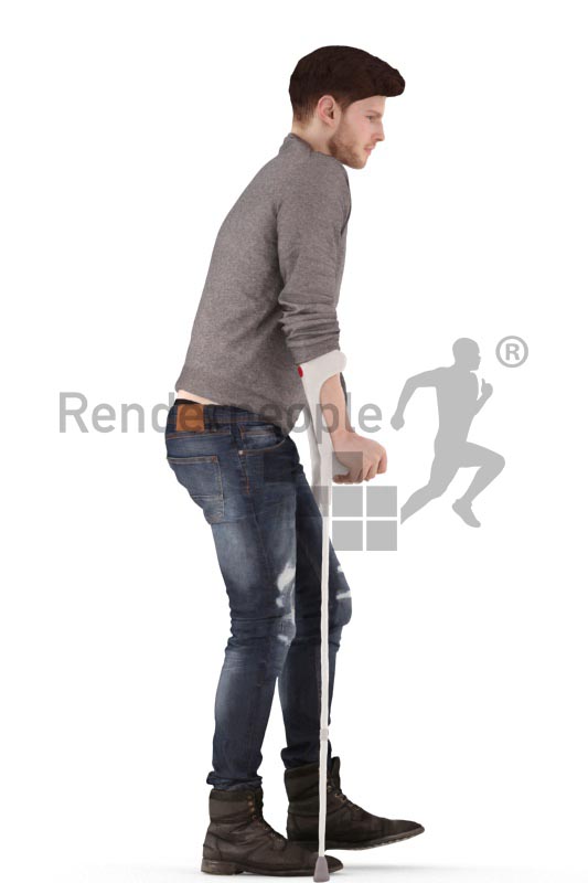 3d people casual, jung man walking with crutches
