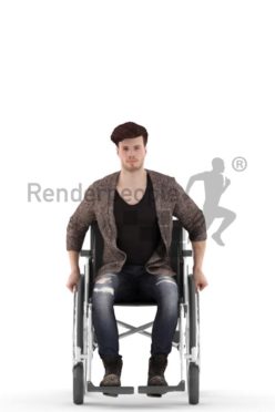 3d people casual, jung man sitting in a wheelchair