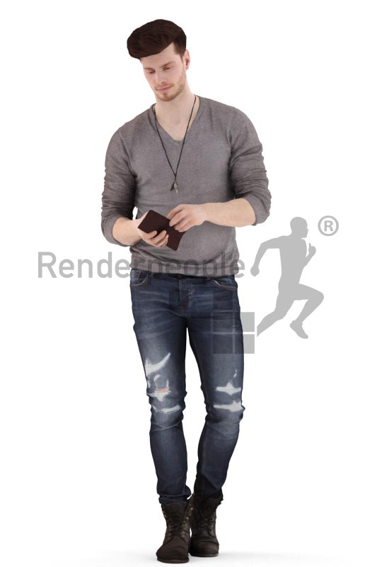 3d people casual, jung man walking, searching in his wallet
