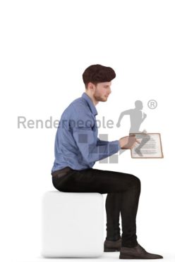 3d people business, jung man sitting with a clipboard