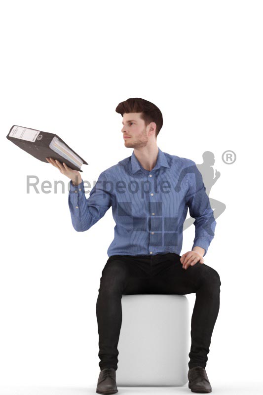 3d people business, jung man sitting handing over a folder