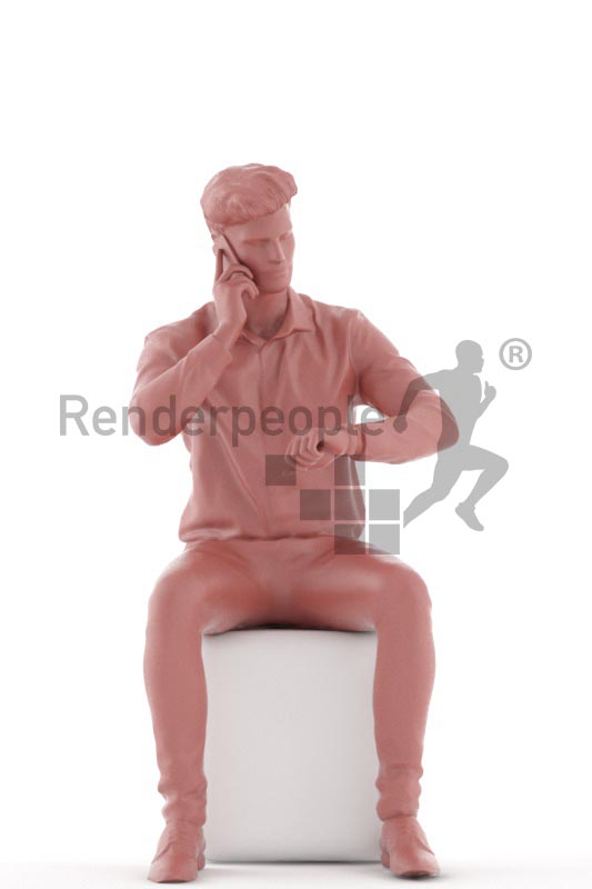 3d people business, jung man sitting calling and looking at his watch