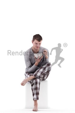 3d people sleepwear, white 3d man sitting and eating