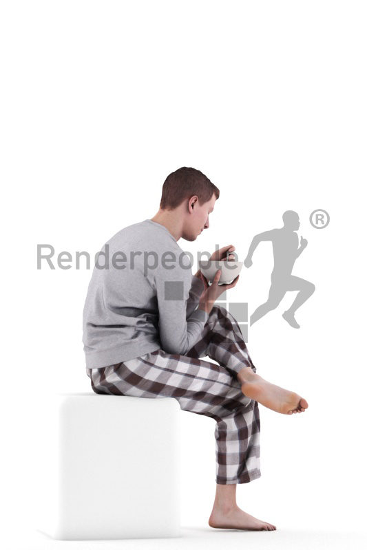 3d people sleepwear, white 3d man sitting and eating