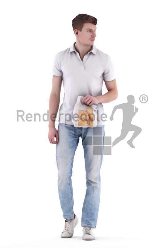 3d people casual, 3d white man walking and holding lunch bag