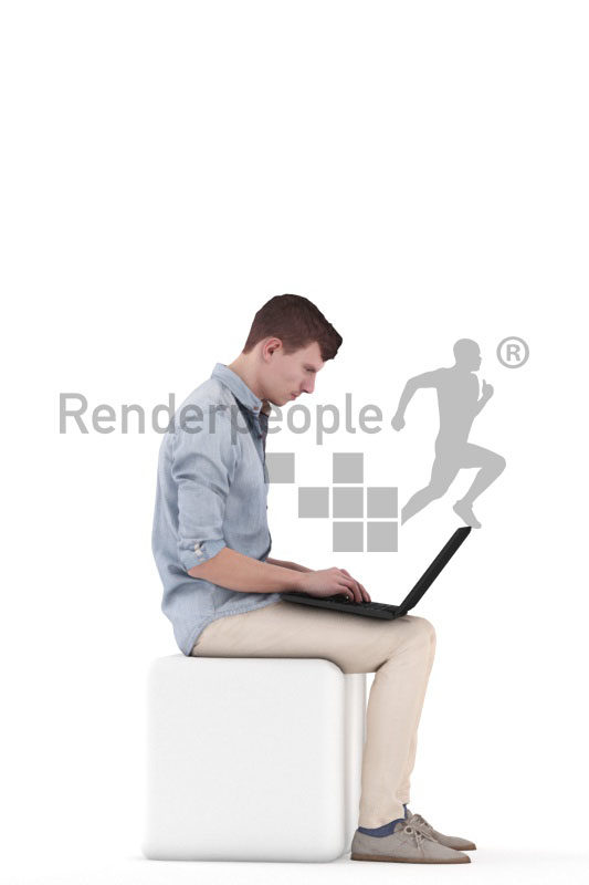 Realistic 3D People model by Renderpeople – white man in smart casual look, sittingand working with laptop