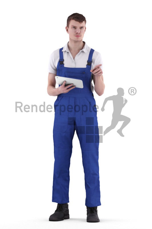 3d people worker, white 3d man standing and holding tablet