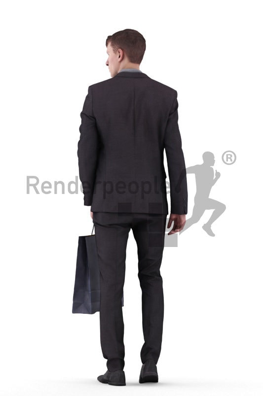 3d people business, white 3d man standing and holding a paperbag