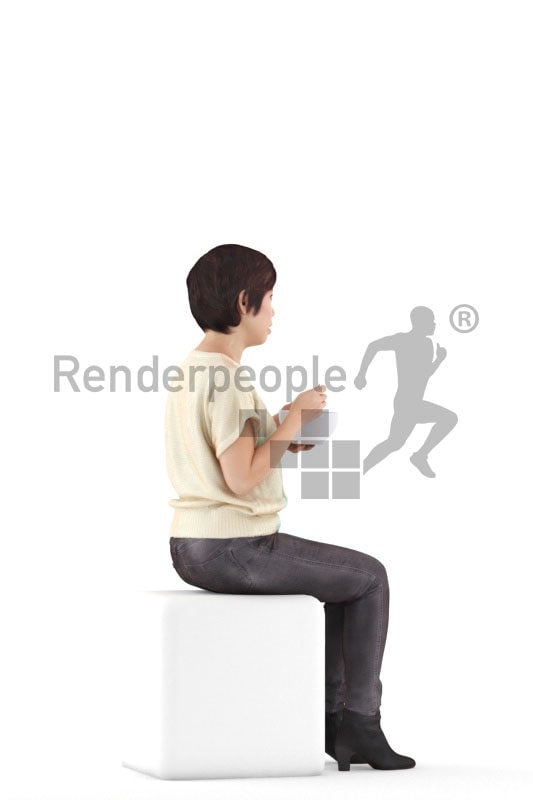 Photorealistic 3D People model by Renderpeople – asian woman, casual look, sitting and eating