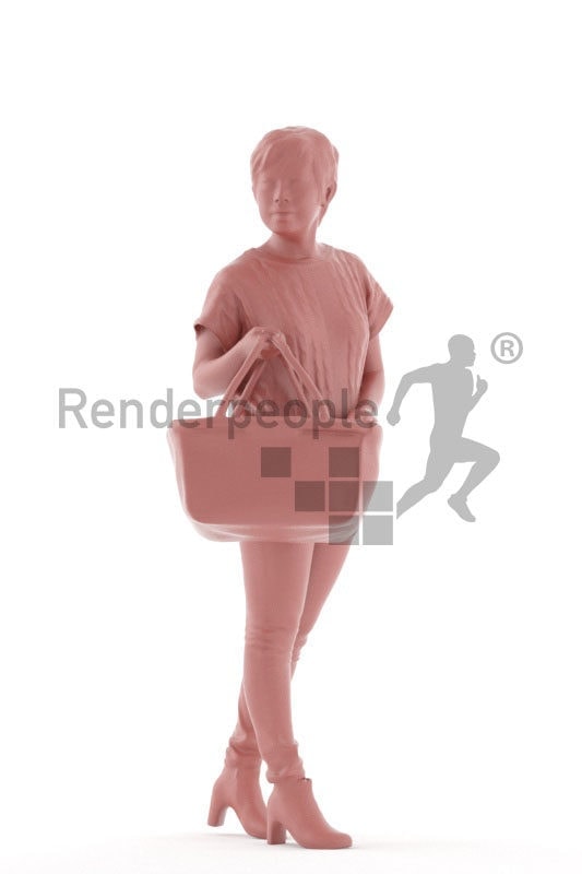 Posed 3D People model by Renderpeople – asian woman in daily outfit, walking with basket