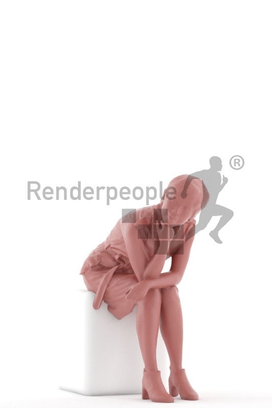 Posed 3D People model by Renderpeople – asian woman in business dress, sitting and listening