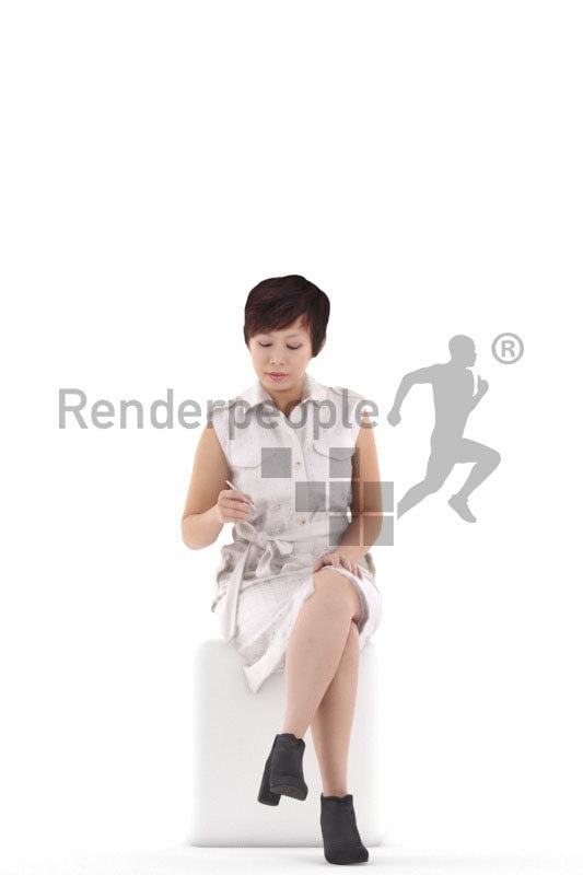 Photorealistic 3D People model by Renderpeople – asian woman in office clothing, sitting and writing something down
