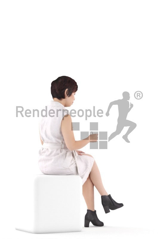 Photorealistic 3D People model by Renderpeople – asian woman in office clothing, sitting and writing something down