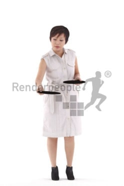 Posed 3D People model for visualization – asian woman, casual dress, serving plates