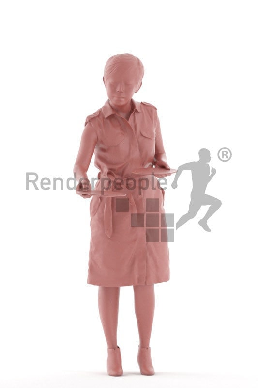 Posed 3D People model for visualization – asian woman, casual dress, serving plates