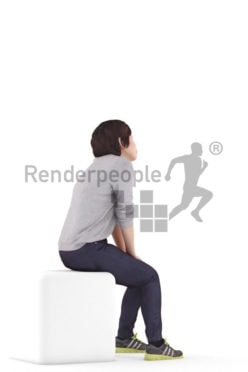 Posed 3D People model for renderings – asian woman in a daily outfit, sitting