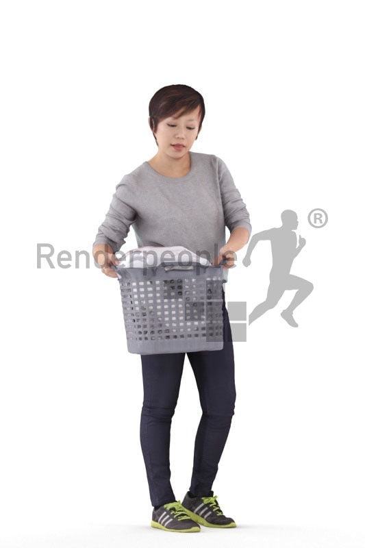 3D People model for 3ds Max and Sketch Up – asian woman with laundry basket, casual homewear, walking