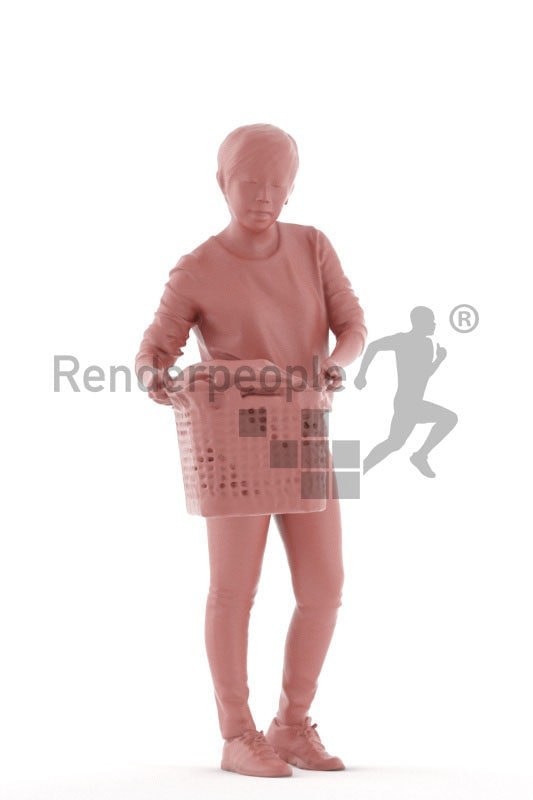 3D People model for 3ds Max and Sketch Up – asian woman with laundry basket, casual homewear, walking