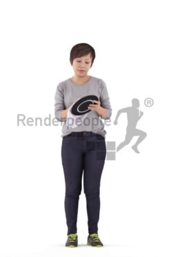 Scanned 3D People model for visualization – asian female in daily outfit, standing and drying dishes