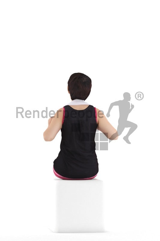 Posed 3D People model for renderings – asian woman in sports outfit, with towel, sitting