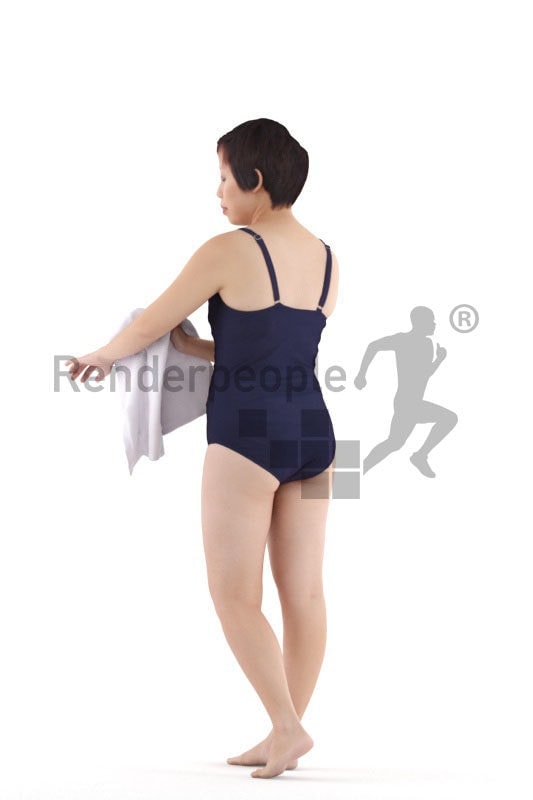 3D People model for 3ds Max and Sketch Up – asian femake in swimmsuit, walking and using a towel