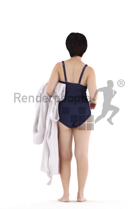 Posed 3D People model for visualization – asian woman in swimmsuit, with a bathrobe