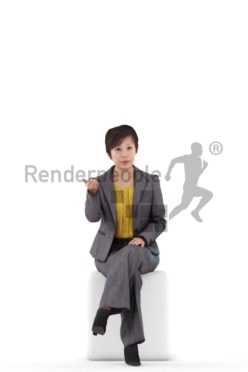 Posed 3D People model for renderings – asian woman in business clothing, sitting and communicating