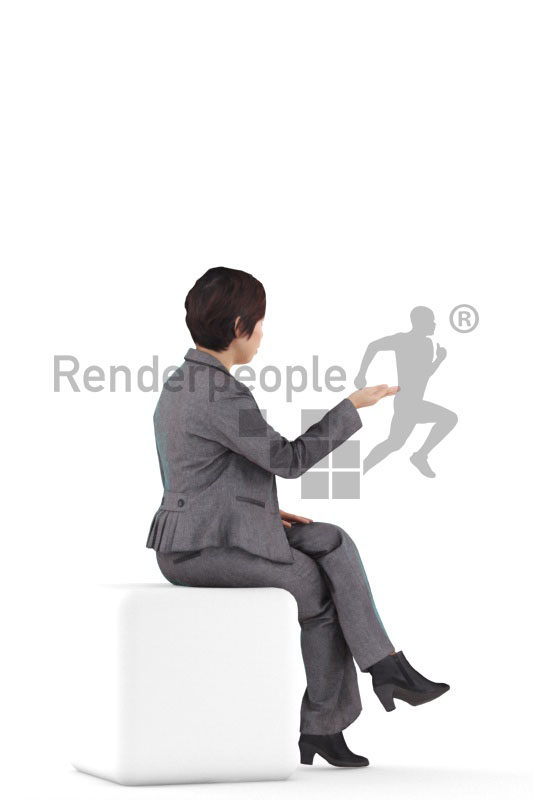 Posed 3D People model for renderings – asian woman in business clothing, sitting and communicating