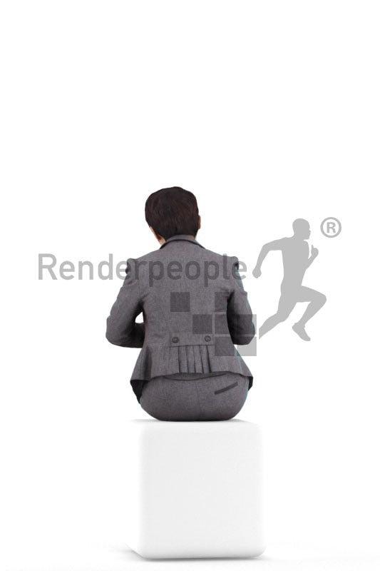 Posed 3D People model by Renderpeople – asian woman in business clothes, sitting and writing