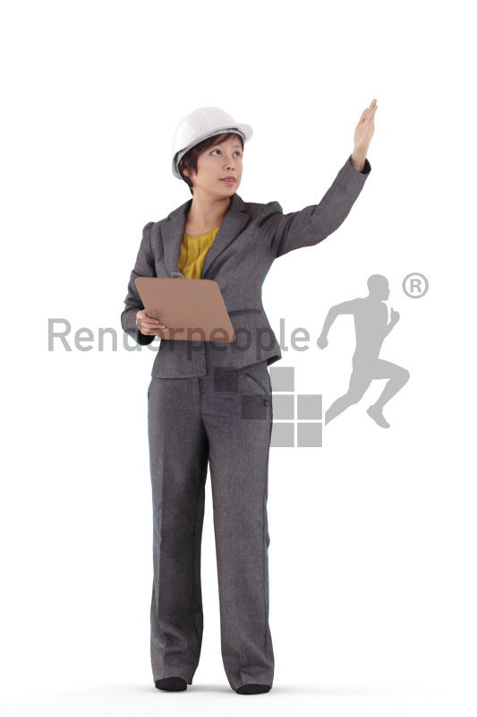 Realistic 3D People model by Renderpeople – asian woman in business dress and hemelt, as a site manager
