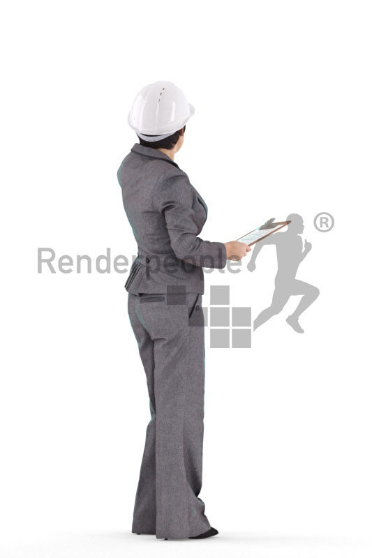 Realistic 3D People model by Renderpeople – asian woman in business dress and hemelt, as a site manager