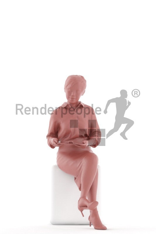3D People model for 3ds Max and Cinema 4D – asian woman in business look, sitting and reading something on the clipboard