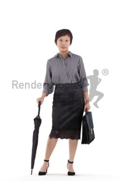 3D People model for 3ds Max and Cinema 4D – asian woman in business look, standing with office bag and umbrella