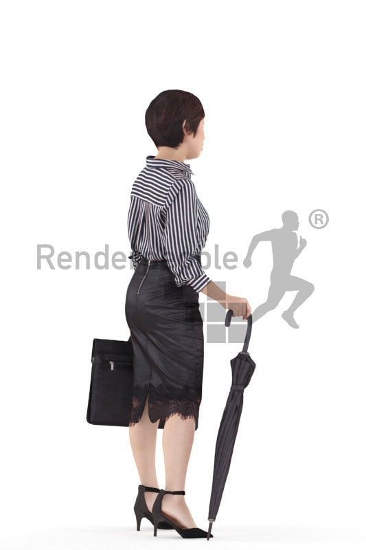 3D People model for 3ds Max and Cinema 4D – asian woman in business look, standing with office bag and umbrella