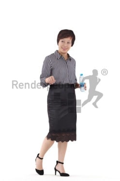 Scanned 3D People model for visualization – asian woman in office dress, walking with a bottle, communicating