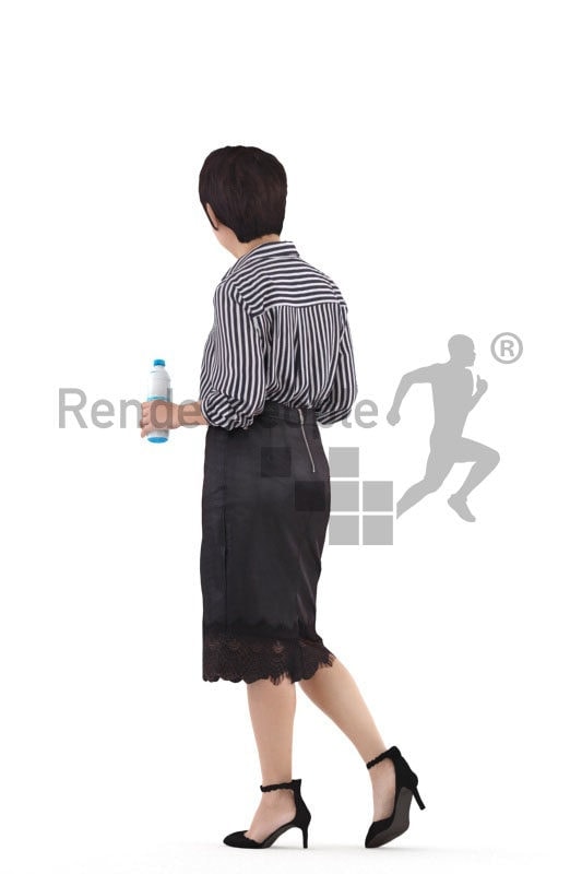 Scanned 3D People model for visualization – asian woman in office dress, walking with a bottle, communicating