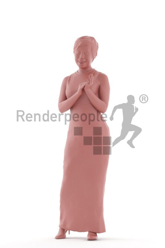 3D People model for 3ds Max and Blender – asian woman in event dress, standing and applauding