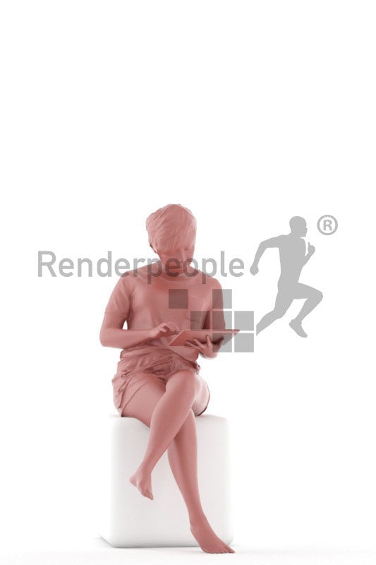 Posed 3D People model for visualization – asian woman in sleepwear, using a tablet
