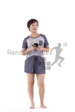 Posed 3D People model by Renderpeople – asian woman in shorty pyjama, holding a mug of coffee
