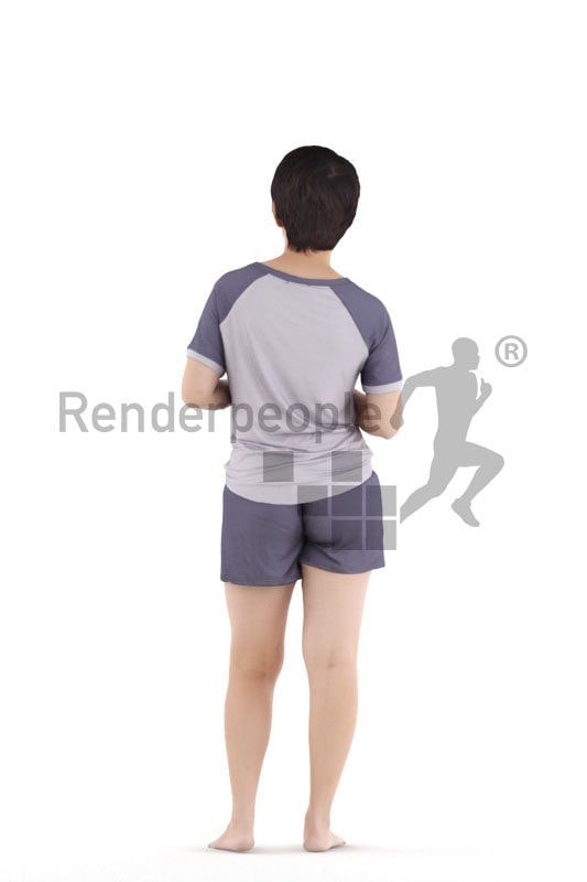 Posed 3D People model by Renderpeople – asian woman in shorty pyjama, holding a mug of coffee