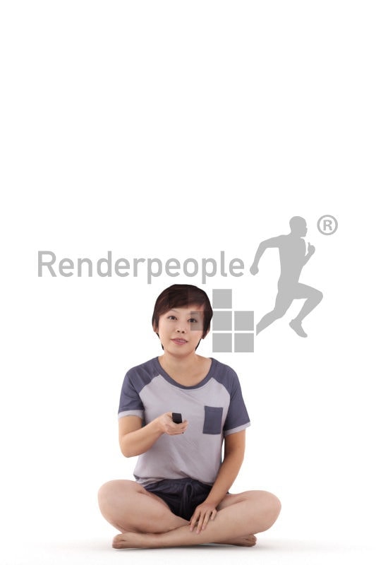 3D People model for 3ds Max and Sketch Up – asian woman sitting in sleepwear and using the remote controller