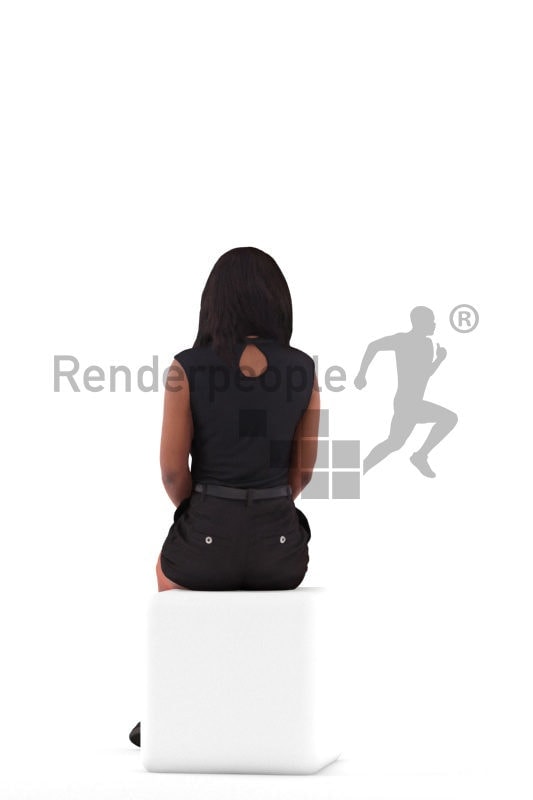Scanned 3D People model for visualization – black woman in casual summer look, sitting and waiting
