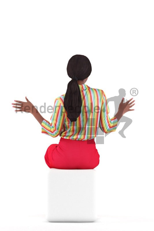 Posed 3D People model for visualization – black female in casual freetime outfit, sitting, amazed