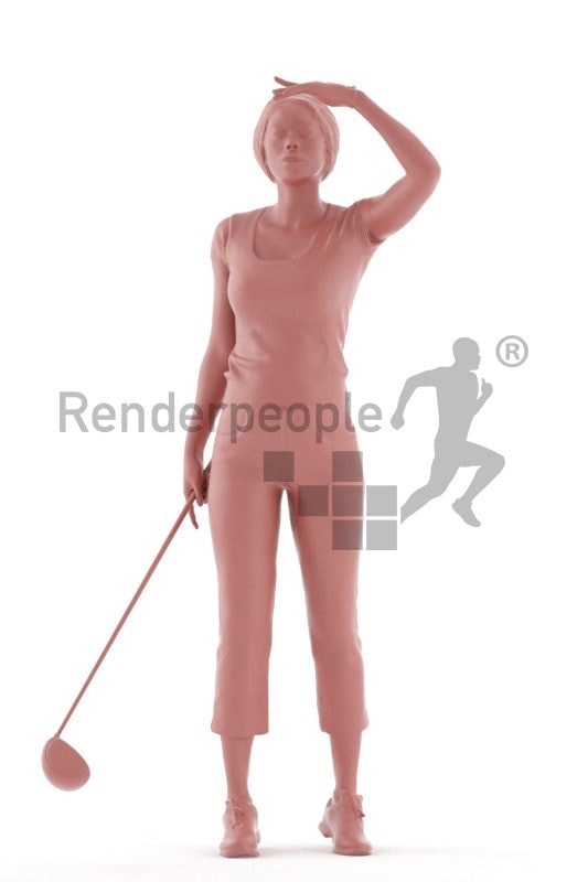 Photorealistic 3D People model by Renderpeople – black woman in sporty golf outfit, standing and watching the ball