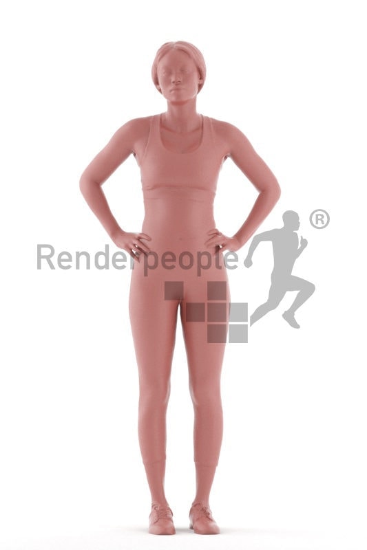 Photorealistic 3D People model by Renderpeople – black woman in gymwear, standing and waiting