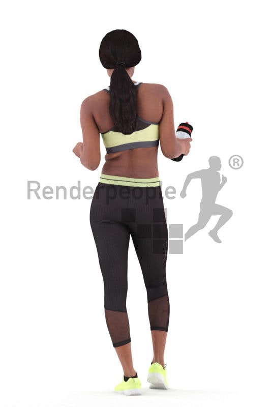 Photorealistic 3D People model by Renderpeople – black woman in gymwear, standing and holding a bottle, communicating