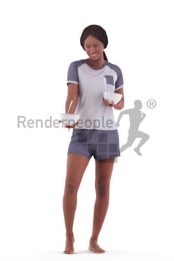 Scanned human 3D model by Renderpeople – black female in shorty pyjama, holding two bowls and offering one