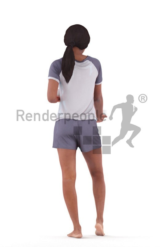 Scanned human 3D model by Renderpeople – black female in shorty pyjama, holding two bowls and offering one